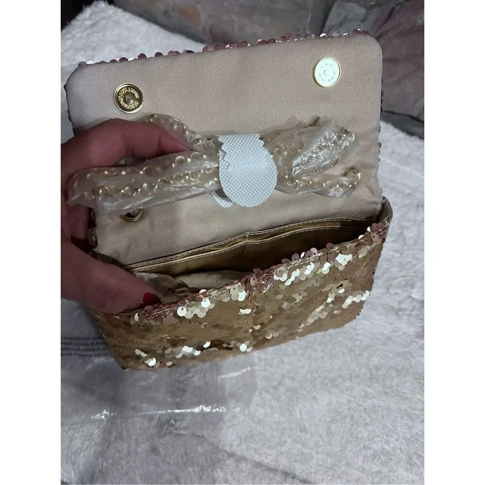 Nicole Miller Evening Bag Gold Mermaid Sequin Convertible Clutch Gold Chain Stra